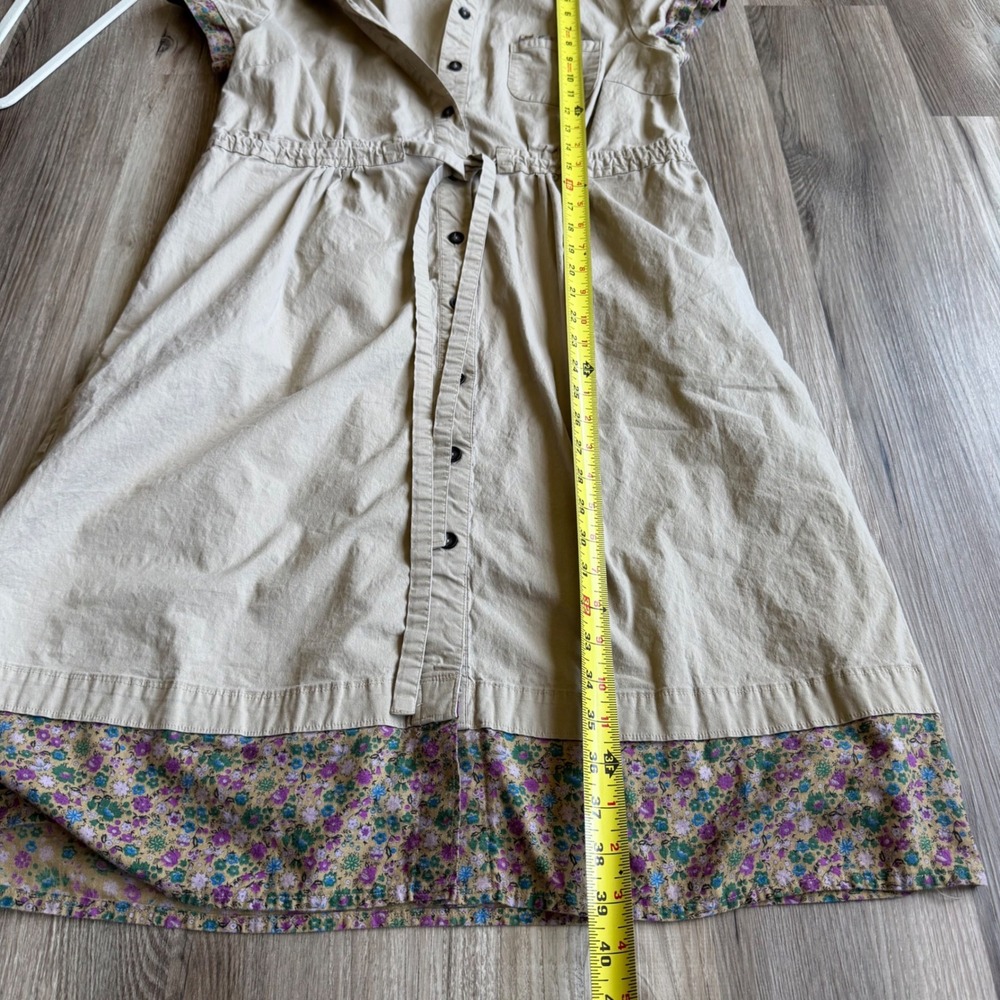 Y2K Merona XL Tan Khaki Floral Trim Button Down Shirt Dress Short Sleeve Pockets - Picture 7 of 8